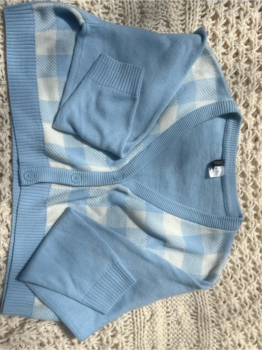 Divided Light Blue and Cream Plaid V-Neck Cardigan